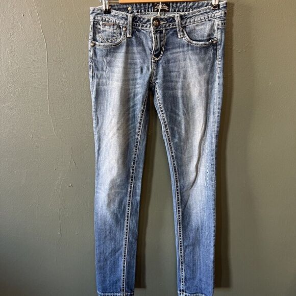 ReRock For Express Jeans Womens 4R Blue Denim Skinny Embroidered Hardware Logo - Picture 1 of 6